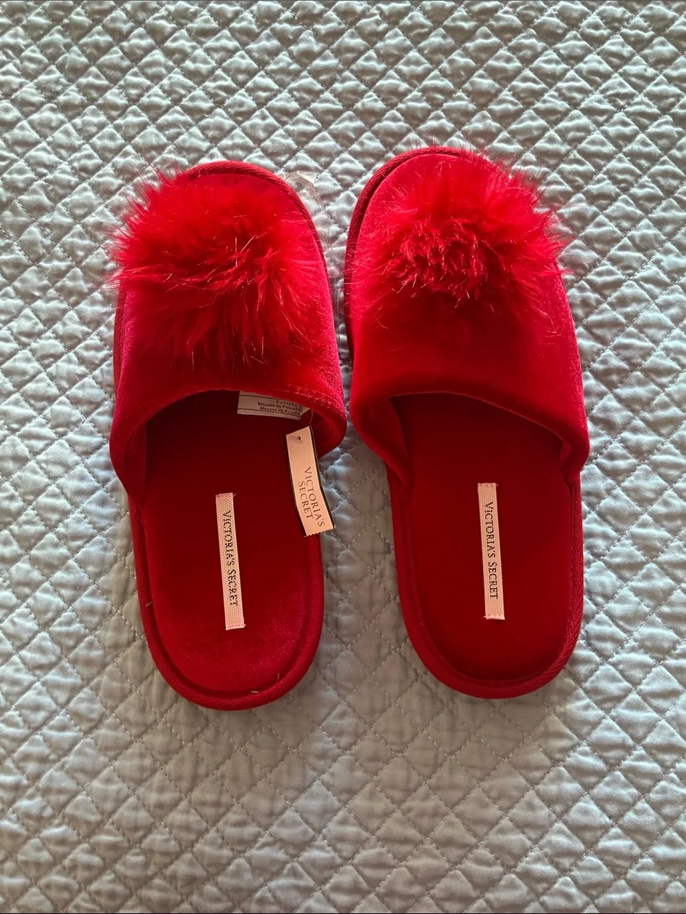 Victoria's Secret Red Kids Pom-Pom Velvet Slip-Ons